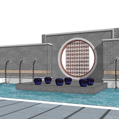 新中式水池景观墙免费su模型(1)