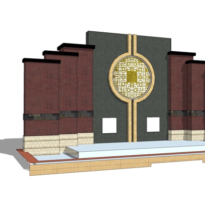 新中式喷泉景观墙免费su模型(1)