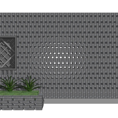 新中式庭院景观墙免费su模型(1)