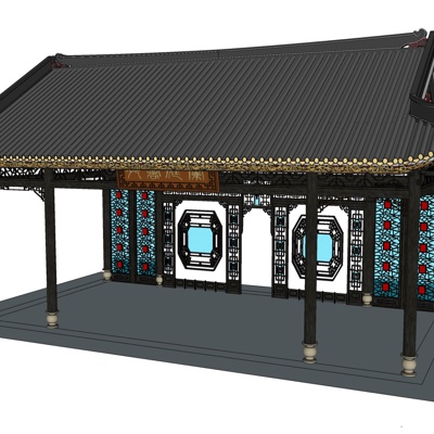 中式实木凉亭免费su模型(1)