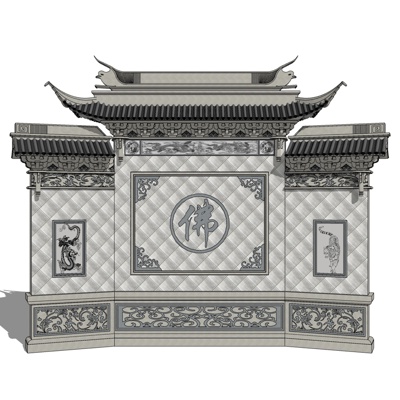 中式雕花影壁景观墙免费su模型(1)