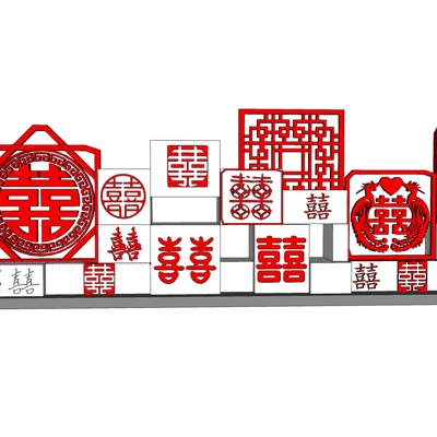 中式喜字景观墙免费su模型(1)