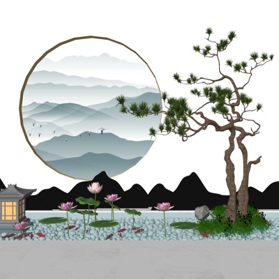 中式枯山水荷花小品免费su模型(1)