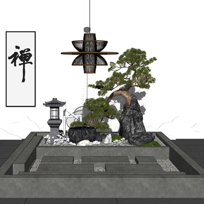 中式假山松树景观小品免费su模型(1)
