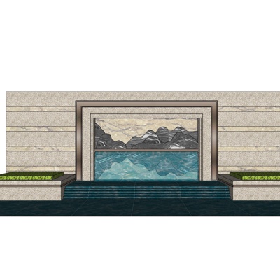 新中式水池景观墙免费su模型(1)