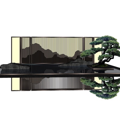 新中式水池景观墙免费su模型(1)