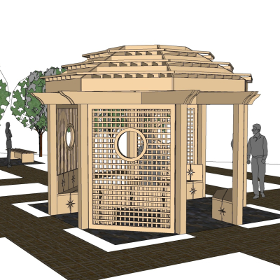 新中式木质凉亭免费su模型(1)
