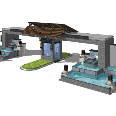 中式小区大门入口免费su模型(1)