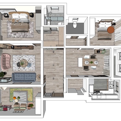 现代公寓整体家装免费su模型(1)