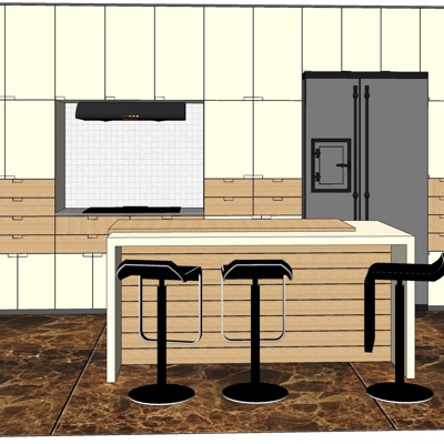现代实木厨房吧台免费su模型(1)