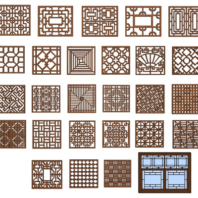 新中式实木雕刻窗花免费su模型