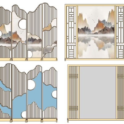 新中式山水屏风免费su模型(1)