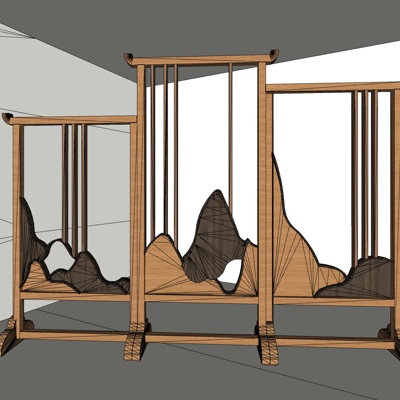 新中式实木隔断屏风免费su模型(1)